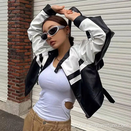 Leather Jacket Women Black and white patchwork PU fabric women jacket Supplier